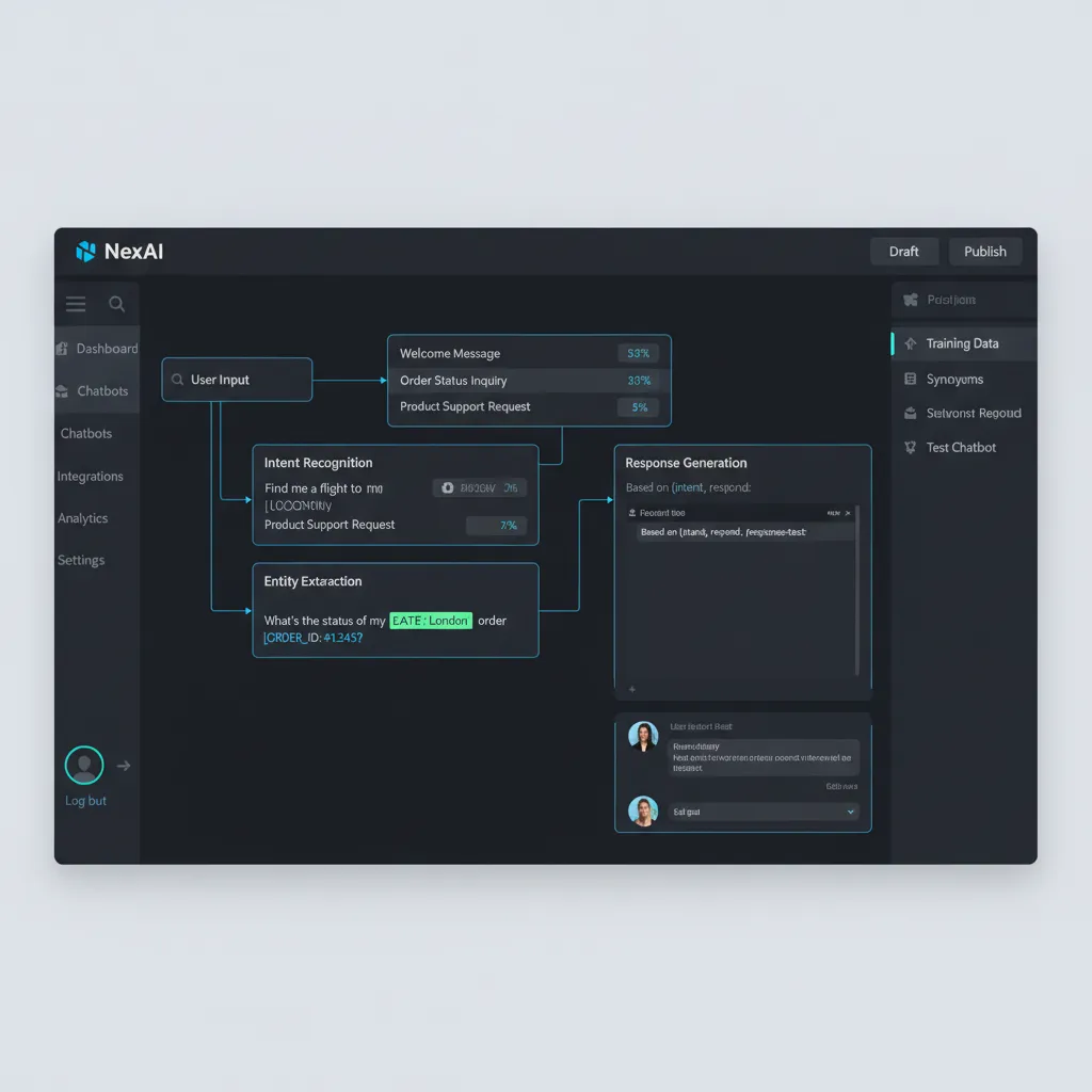 ChatDaddy AI chatbot architecture diagram showing NLP processing, intent recognition, and automated response generation on WhatsApp