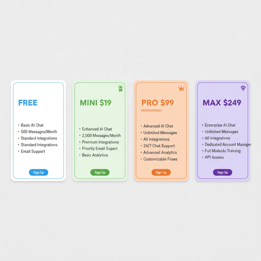 ChatDaddy pricing plans showing Free, Basic ($119/mo), Pro ($299/mo), and Max ($799/mo) tiers with feature comparison
