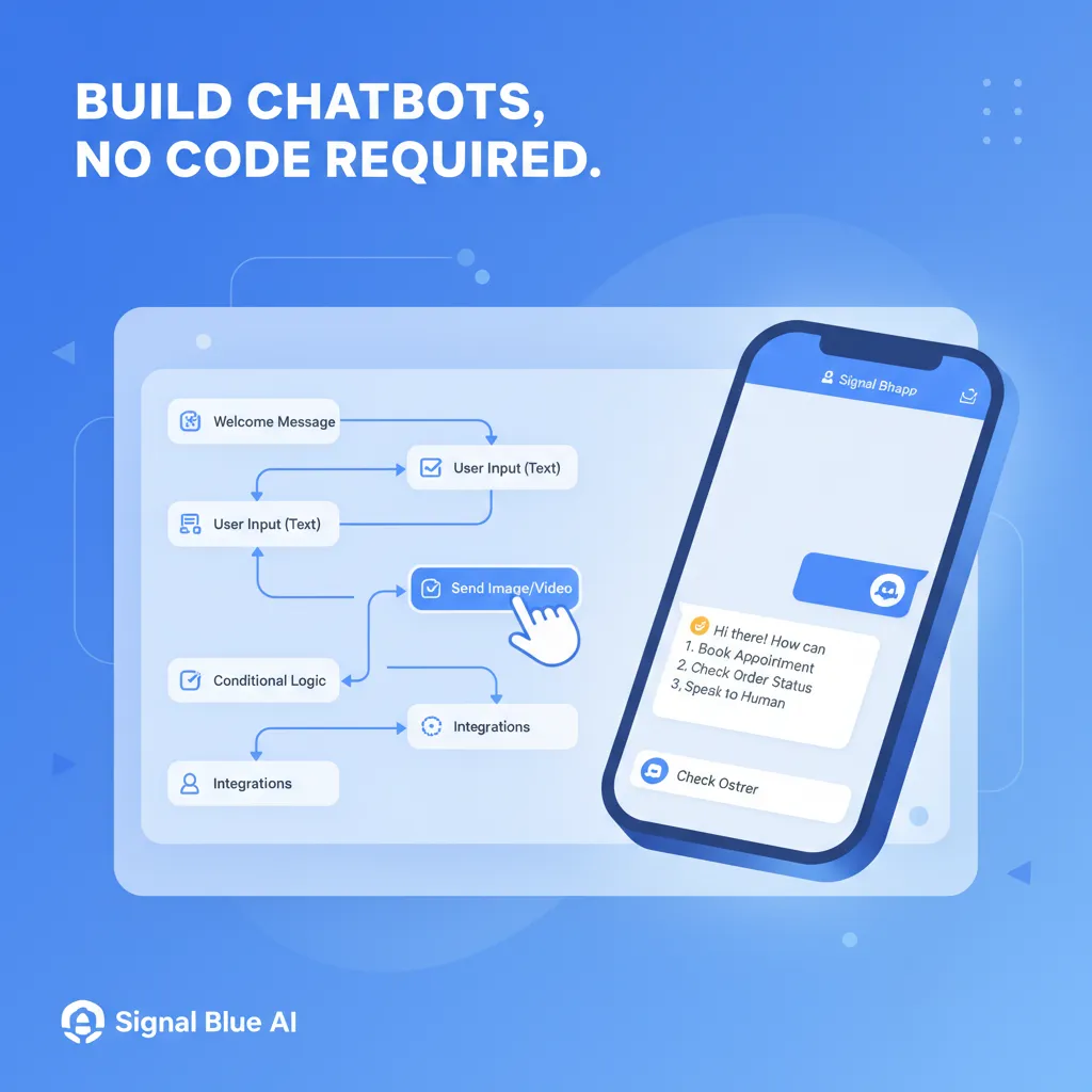 WhatsApp chatbot builder no code drag-and-drop interface showing automated conversation flows — hero image by ChatDaddy