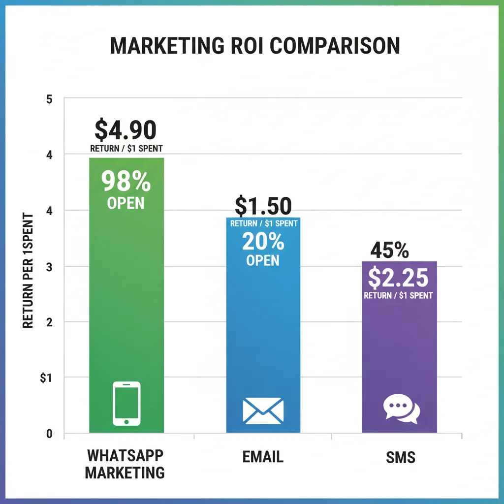 WhatsApp marketing ROI infographic showing cost breakdown, revenue metrics, and comparison against email and SMS marketing channels